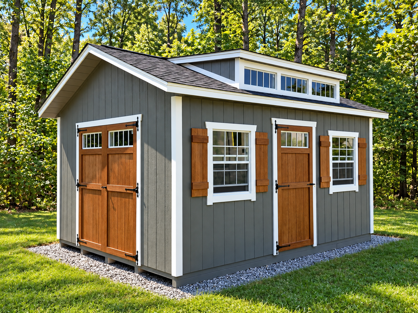 12x16 New England Ranch with wood siding and studio dormer