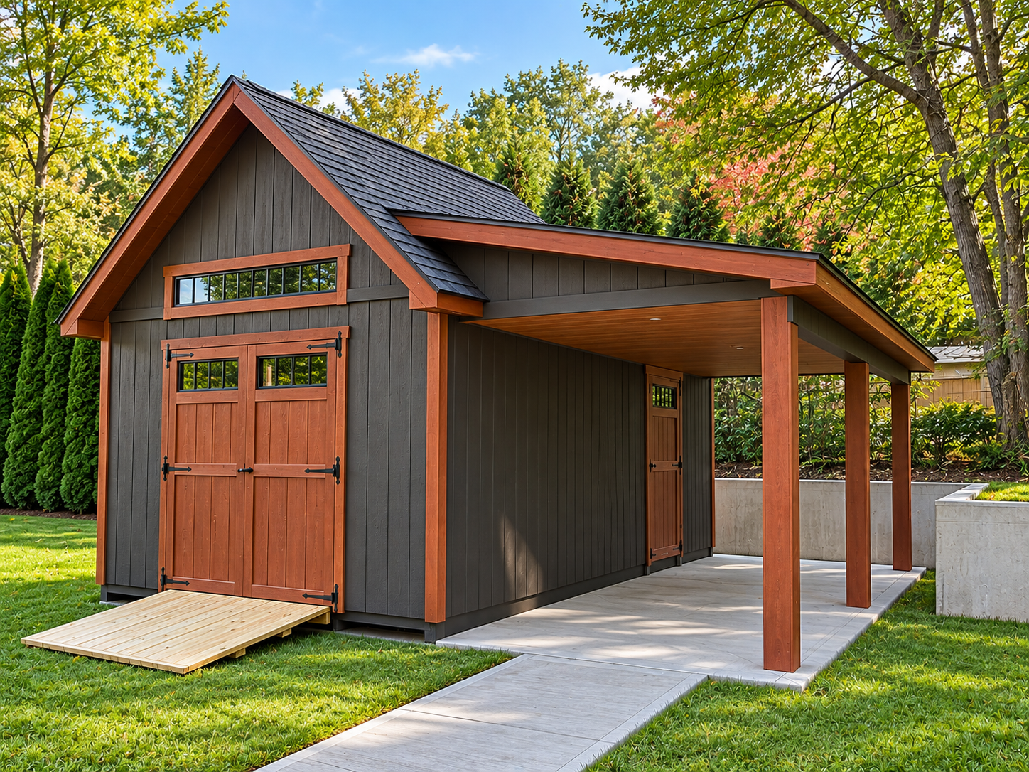 12x22 Homestead Hampshire storage shed with wood siding and overhang — real Hometown Structures photo, full shed